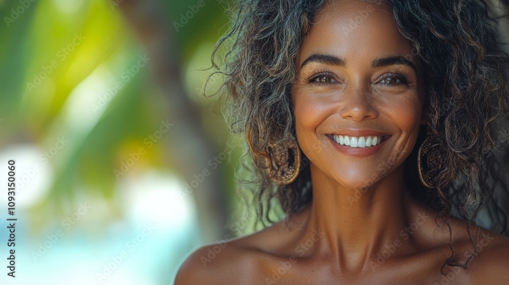 Woman with curly hair is smiling and looking at the camera. She has a natural, relaxed look on her face Woman with curly hair is smiling and looking at the camera. She has a natural, relaxed look on her face