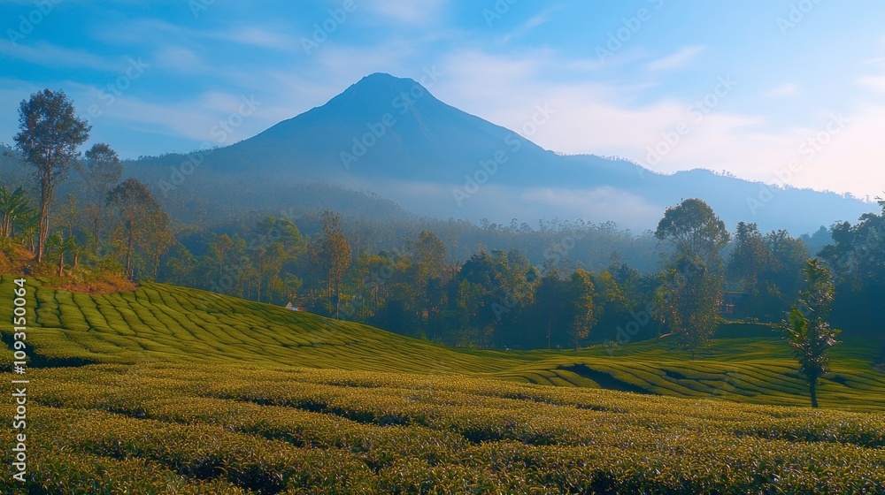 Fototapeta premium Majestic Mountain Overlooking Lush Tea Fields in Early Morning Light, Creating a Breathtaking Landscape Surrounded by Serenity and Nature's Beauty