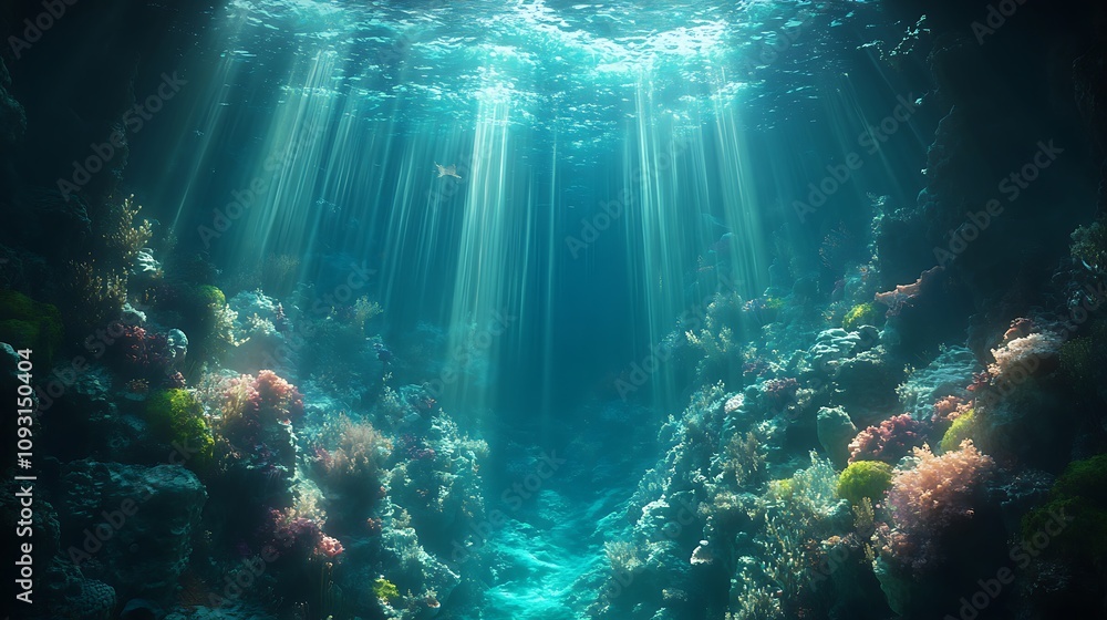 Fototapeta premium Submerged ocean world with radiant sunbeams piercing through deep blue water