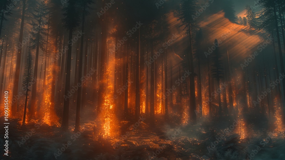 Forest fire ravaging a scenic wilderness nature disaster dramatic landscape twilight environment eye-level view urgent awareness Forest fire ravaging a scenic wilderness nature disaster dramatic landscape twilight environment eye-level view urgent awareness