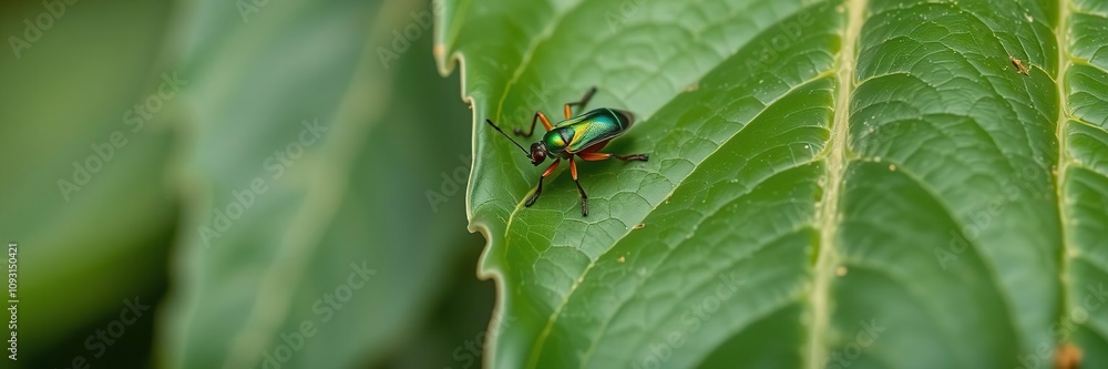 Small insect with metallic green body resting on a large leaf, peaceful, out door, leaf Small insect with metallic green body resting on a large leaf, peaceful, out door, leaf