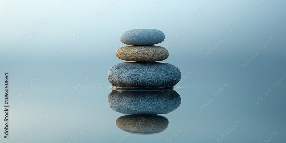 An aesthetically balanced stack of smooth pebbles in varying shades of gray and beige, reflecting serenely on a still water surface, under a tranquil sky An aesthetically balanced stack of smooth pebbles in varying shades of gray and beige, reflecting serenely on a still water surface, under a tranquil sky