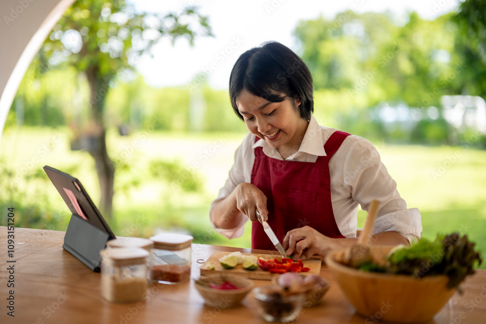 Asian woman following recipe on tablet and cutting vegetables Asian woman following recipe on tablet and cutting vegetables