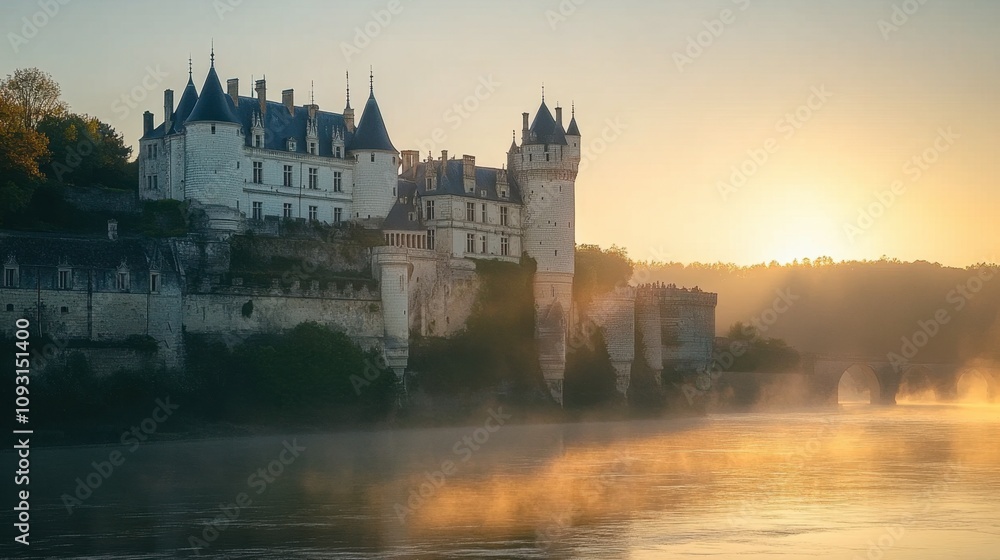 Stunning Sunrise Over Majestic French Castle Surrounded by Mist, Reflecting in Serene River Water with Lush Greenery and Dramatic Sky Stunning Sunrise Over Majestic French Castle Surrounded by Mist, Reflecting in Serene River Water with Lush Greenery and Dramatic Sky