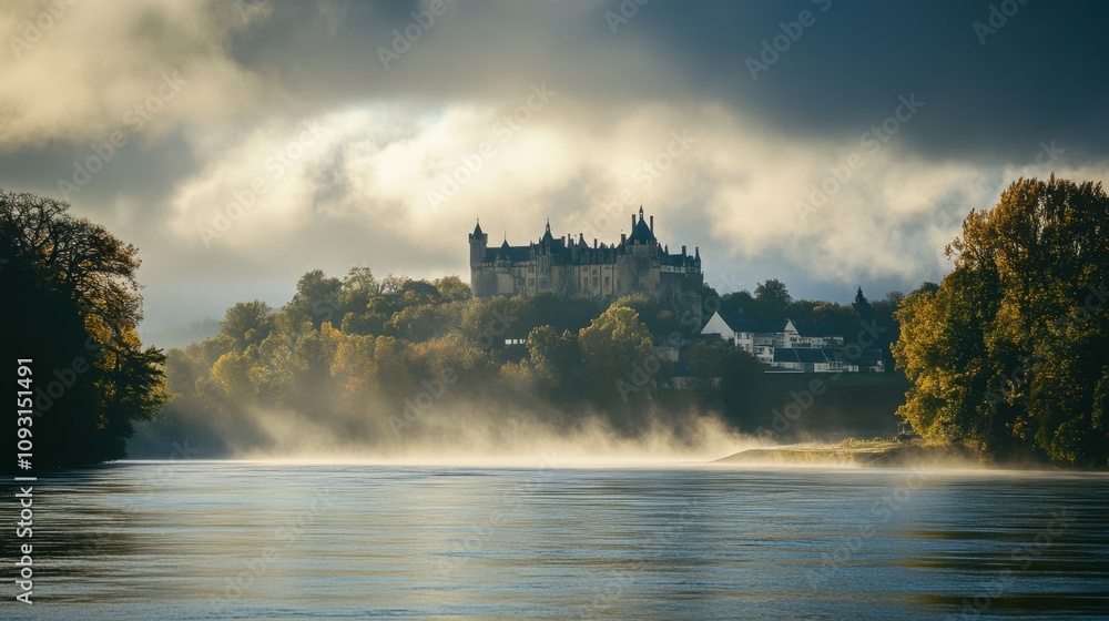 Fototapeta premium Serene Morning Landscape with Mist Rising Over Calm River and Majestic Castle Surrounded by Lush Green Trees Under Dramatic Cloudy Sky