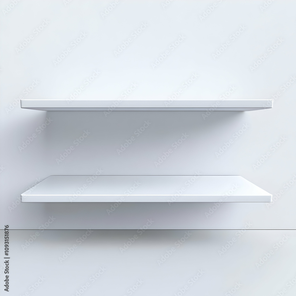 3D Illustration Empty White Shelves on White Wall Background 3D Illustration Empty White Shelves on White Wall Background