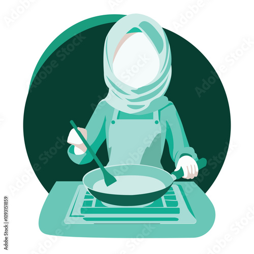 Cute Islamic Illustration Little Muslim Girl Cooking Food Vector Flat Design