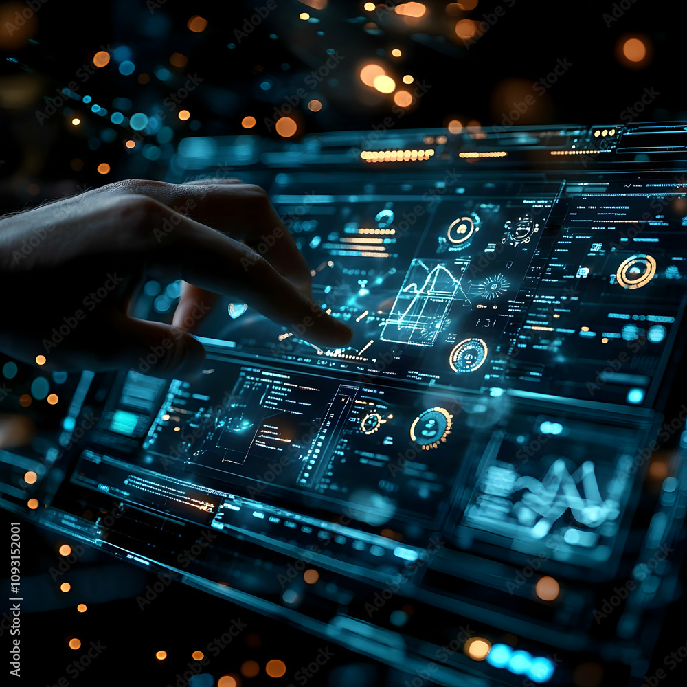 Fototapeta premium 3D Illustration - Hand Interacting with Futuristic Data Interface