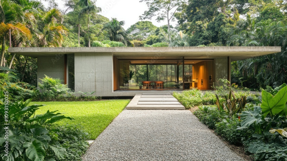 Obraz premium Modern Concrete House in Lush Tropical Garden