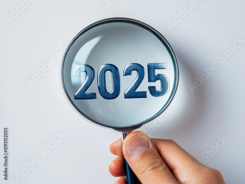 Hand holding magnifying glass with date 2025