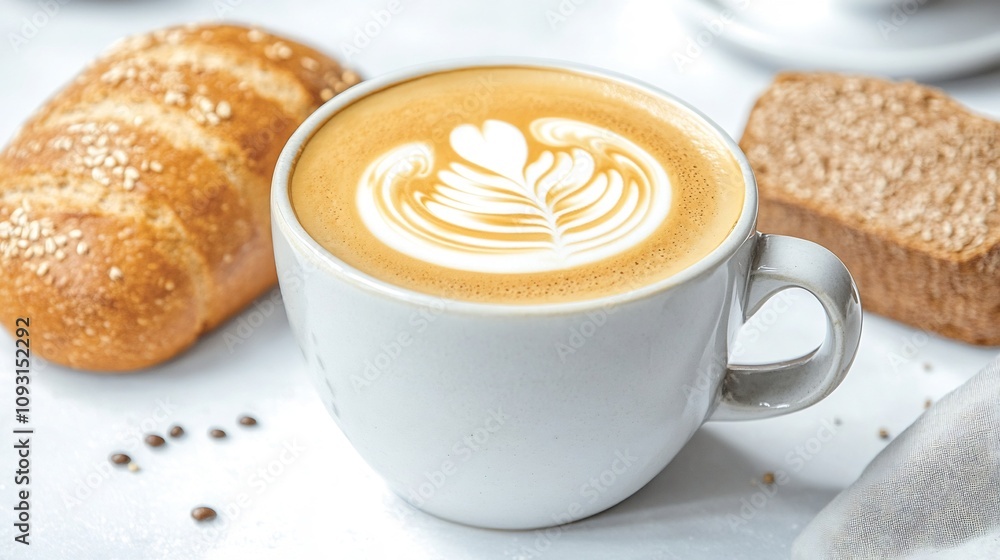 Artisan Style Coffee Scene with Ceramic Cup of Latte and Whole Wheat Bread Artisan Style Coffee Scene with Ceramic Cup of Latte and Whole Wheat Bread