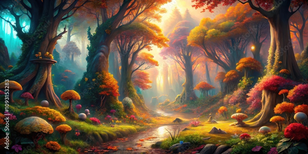 A Serene Autumnal Forest Path Illuminated by Golden Sunlight, Weaving Through Lush Trees and Mystical Mushrooms A Serene Autumnal Forest Path Illuminated by Golden Sunlight, Weaving Through Lush Trees and Mystical Mushrooms