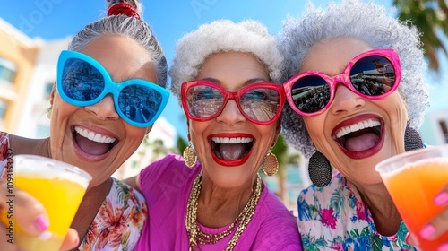 Three women wearing sunglasses and smiling with drinks in their hands. Scene is cheerful and fun