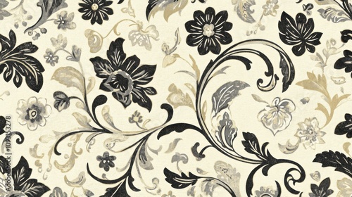 Elegant Black and Beige Floral Damask Pattern photo