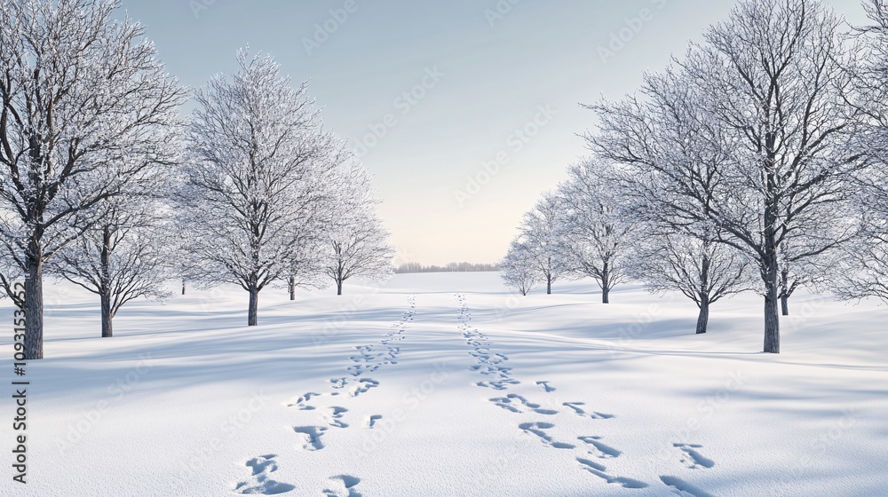 Serene Winter Landscape with Snow-Covered Field and Bare Trees | Simple Design with Negative Space for Copy | High-Resolution 3D Render Serene Winter Landscape with Snow-Covered Field and Bare Trees | Simple Design with Negative Space for Copy | High-Resolution 3D Render