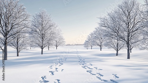 Serene Winter Landscape with Snow-Covered Field and Bare Trees | Simple Design with Negative Space for Copy | High-Resolution 3D Render