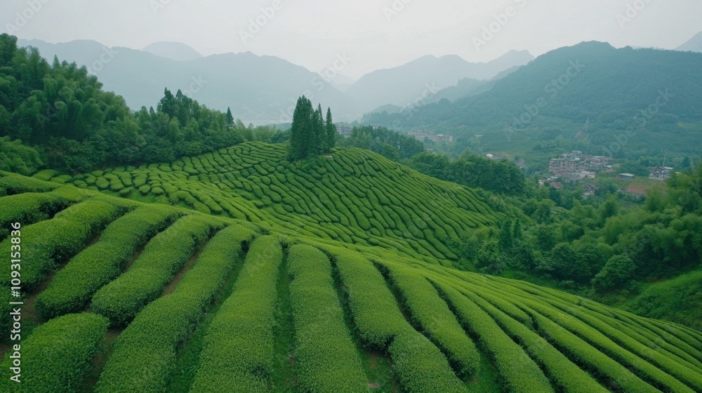 Lush Green Tea Fields with Rolling Hills and Misty Mountains in the Background, Capturing the Serenity of Nature's Bounty Lush Green Tea Fields with Rolling Hills and Misty Mountains in the Background, Capturing the Serenity of Nature's Bounty