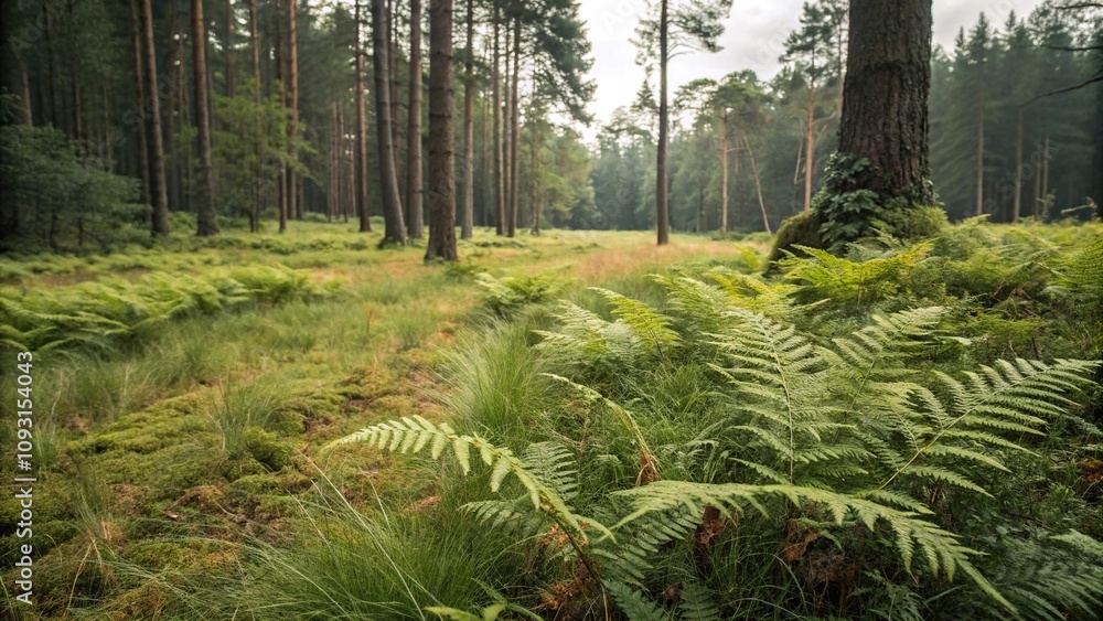Soft grasses and ferns carpeted forest floor, earthy tones, ferns, peaceful setting Soft grasses and ferns carpeted forest floor, earthy tones, ferns, peaceful setting