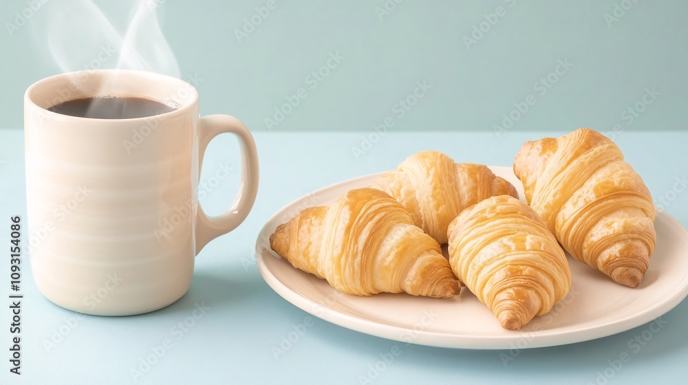Cozy Breakfast Setup with Croissants and Steaming Coffee Cozy Breakfast Setup with Croissants and Steaming Coffee