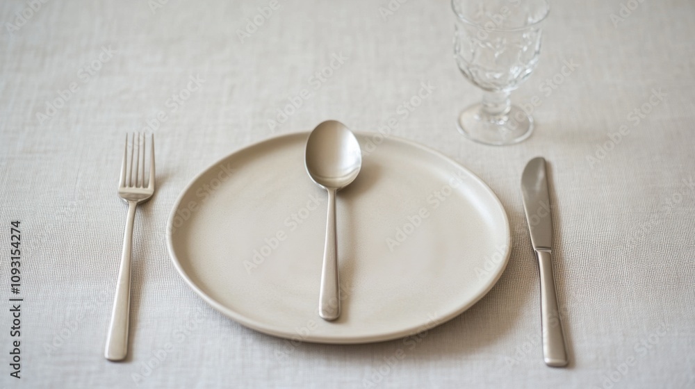 Elegant Table Setting with Minimalist Plate, Spoon, Fork, Knife, and Glass on a Soft Fabric Background for Dining, Culinary, and Event Themes Elegant Table Setting with Minimalist Plate, Spoon, Fork, Knife, and Glass on a Soft Fabric Background for Dining, Culinary, and Event Themes