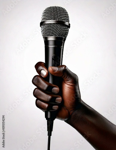 3D of hand holding microphone on white background.