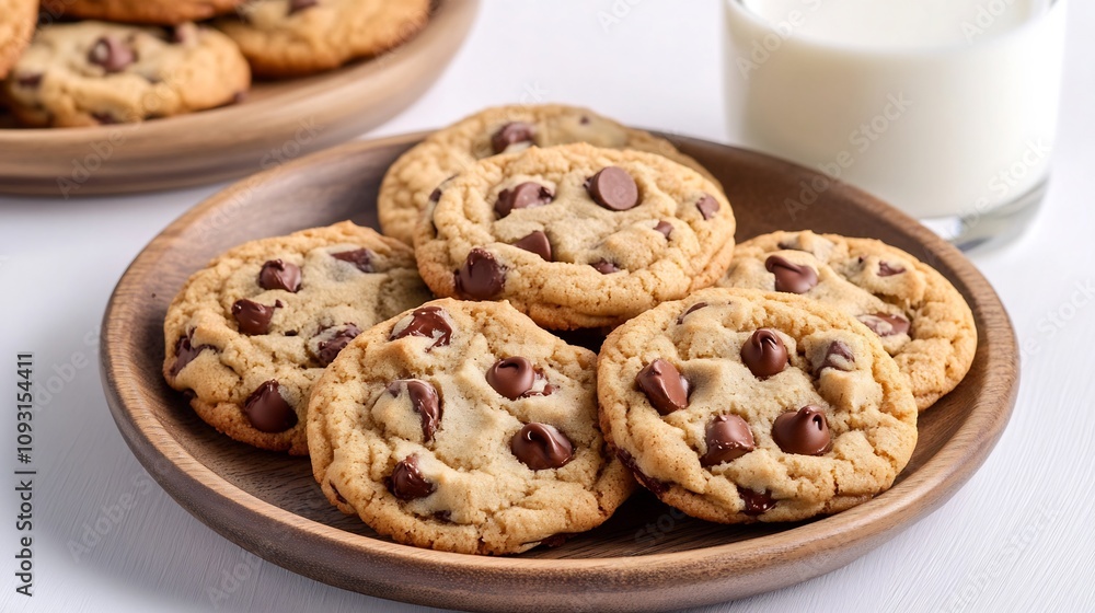 Warm Chocolate Chip Cookies Artfully Arranged on Wooden Plate with Glass of Milk in Soft Natural Light Warm Chocolate Chip Cookies Artfully Arranged on Wooden Plate with Glass of Milk in Soft Natural Light