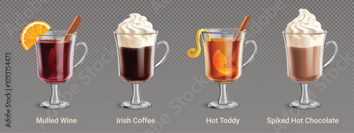 Hot alcoholic winter and Christmas drinks isolated on transparent background