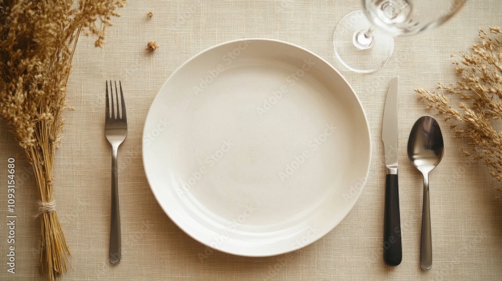 Elegant Dining Table Setting with Empty Plate Surrounded by Cutlery and Decorative Dried Flowers for an Intimate Meal Presentation