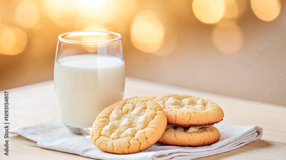 Freshly Baked Cookies on Linen Napkin Reflect Golden Sunlight in Glass of Milk Freshly Baked Cookies on Linen Napkin Reflect Golden Sunlight in Glass of Milk