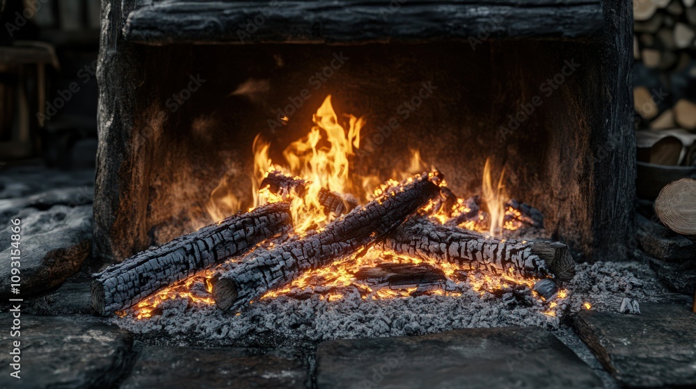 Warmth of Embers: A Realistic Depiction of Wood Burning in a Rustic Stove Warmth of Embers: A Realistic Depiction of Wood Burning in a Rustic Stove