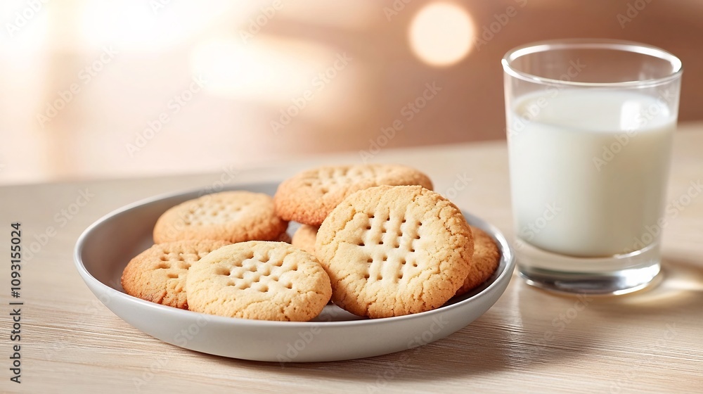 Close up of Homemade Cookies Served with Milk on a Simple Ceramic Plate in Warm Sunlight Close up of Homemade Cookies Served with Milk on a Simple Ceramic Plate in Warm Sunlight