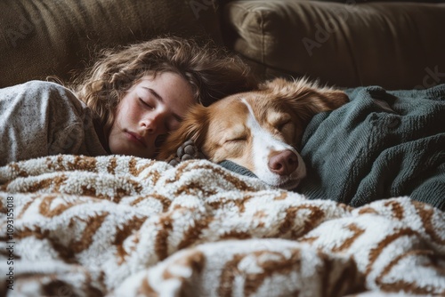 A dog cuddled up next to a sleeping person on a couch, sharing a cozy moment