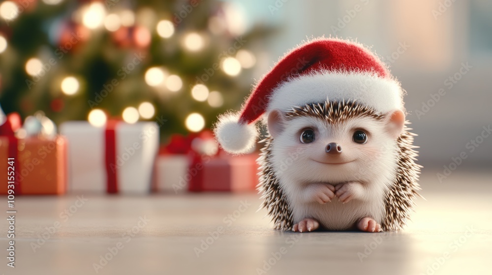 Cute little hedgehog wearing a Santa hat and standing in front of a Christmas tree. The image conveys a festive and joyful mood, as the hedgehog is dressed up for the holiday season Cute little hedgehog wearing a Santa hat and standing in front of a Christmas tree. The image conveys a festive and joyful mood, as the hedgehog is dressed up for the holiday season