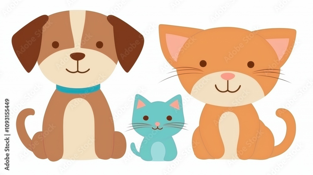 A cute illustration featuring a dog, a cat, and a kitten, showcasing their playful and friendly nature. A cute illustration featuring a dog, a cat, and a kitten, showcasing their playful and friendly nature.