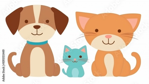 A cute illustration featuring a dog, a cat, and a kitten, showcasing their playful and friendly nature.