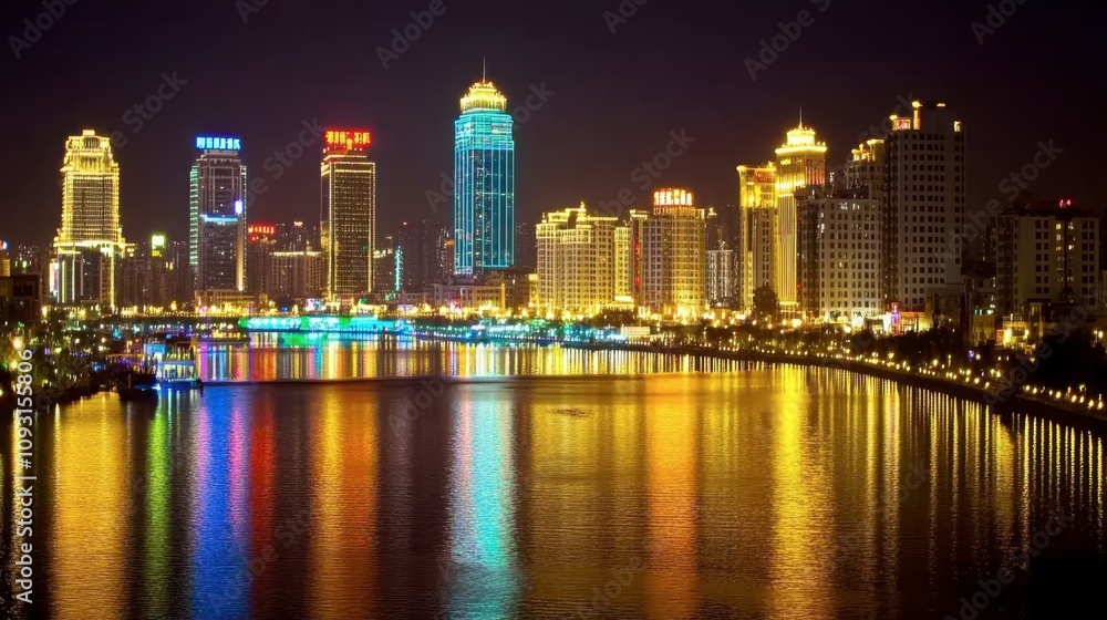 Nighttime Cityscape of Skyscrapers Illuminated by Vibrant Lights Reflecting on Calm Water Below, Showcasing Urban Beauty and Modern Architecture Nighttime Cityscape of Skyscrapers Illuminated by Vibrant Lights Reflecting on Calm Water Below, Showcasing Urban Beauty and Modern Architecture