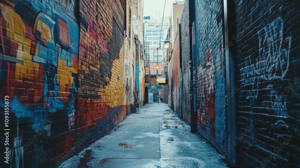 Fototapeta premium Urban art explosion bold graffiti on a brick wall in an alleyway street art photography cityscape vibrant colors