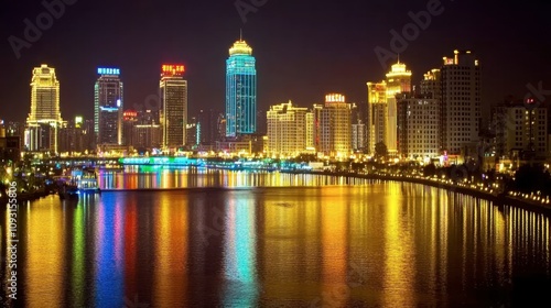 Wallpaper Mural Nighttime Cityscape of Skyscrapers Illuminated by Vibrant Lights Reflecting on Calm Water Below, Showcasing Urban Beauty and Modern Architecture Torontodigital.ca