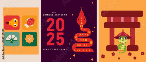 Happy Chinese new year 2025 greeting card, year of the snake, Chinese zodiac snake in geometric flat modern style, social media post, Notebook cover, brochure design, postcard, banner.