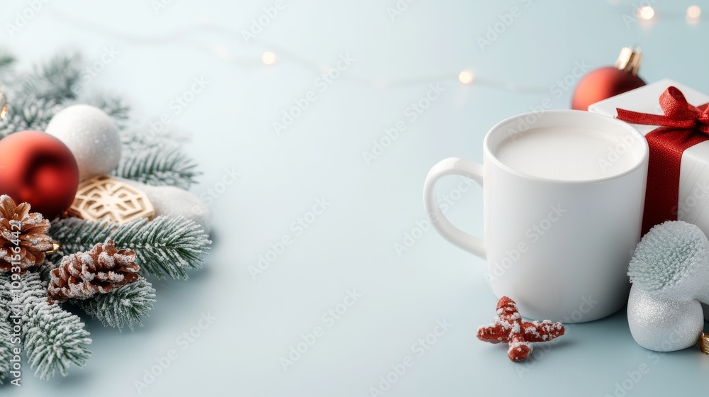 Cozy Winter Scene with Milk in a White Mug,festive Christmas Decorations, and Snowy Pinecones Perfect for Holiday Celebrations and Seasonal Greetings Cozy Winter Scene with Milk in a White Mug,festive Christmas Decorations, and Snowy Pinecones Perfect for Holiday Celebrations and Seasonal Greetings