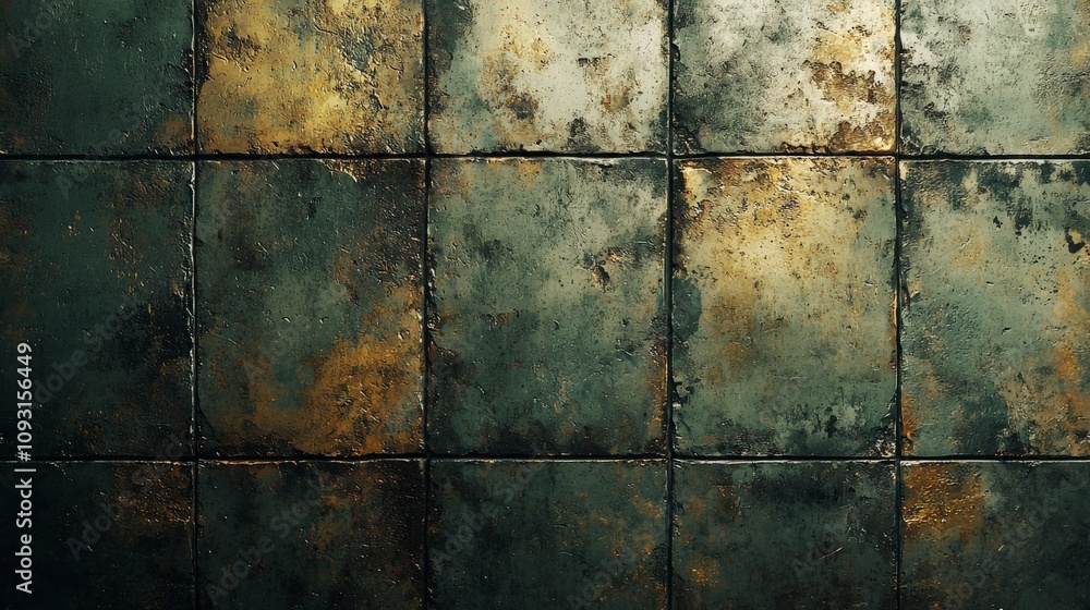This image features a grid of rusty metal tiles, each square showcasing intricate textures with a range of golden and greenish patina, revealing aged artistry. This image features a grid of rusty metal tiles, each square showcasing intricate textures with a range of golden and greenish patina, revealing aged artistry.