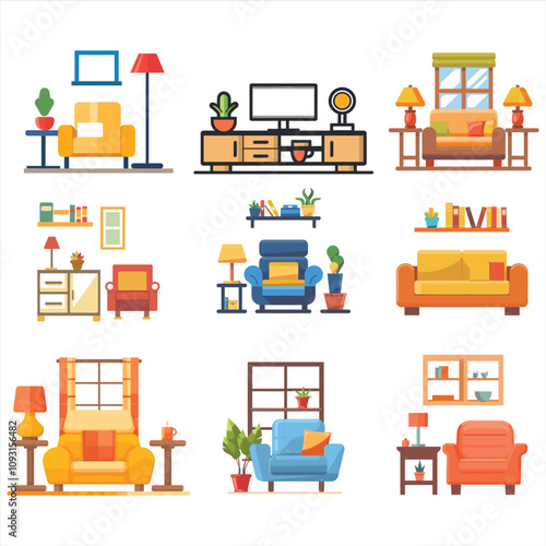 house furniture flat icon vector bundle set, Outline furniture flat icon vector set, interior room furniture flat icon