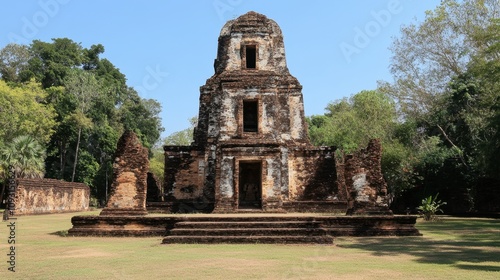 Ancient Temple Ruins Surrounded by Lush Greenery, Showcasing Intricate Stonework and Historical Architecture in a Serene Jungle Environment