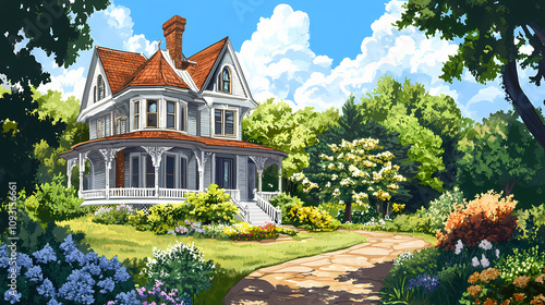 A victorian-style house with a wraparound porch and a manicured garden. Victorian Garden Pathway. Illustration photo