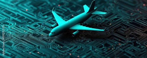 aviationbusiness  aircargoinfrastructure concept.  A stylized airplane model rests on a circuit board, symbolizing the fusion of aviation and technology in a modern, digital landscape. photo