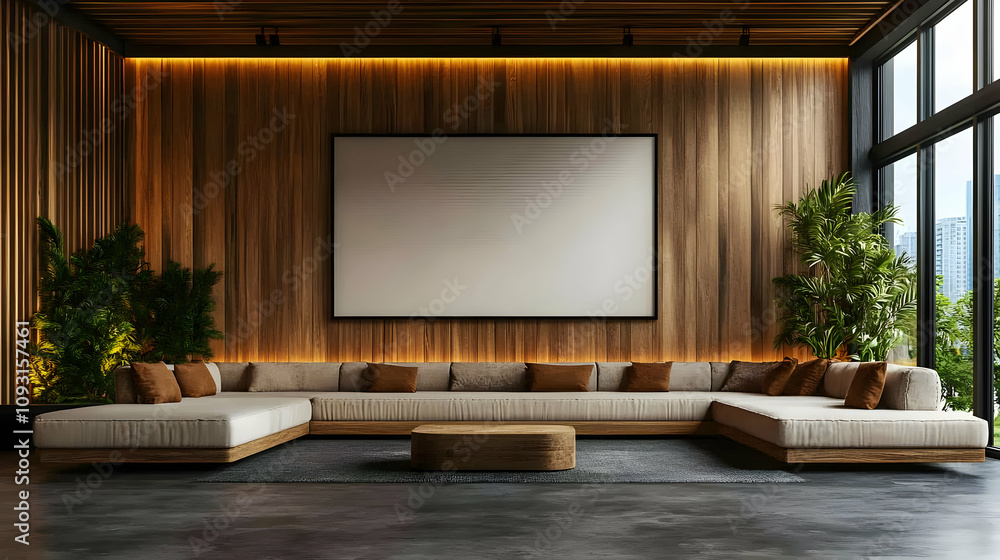 3D Illustration Modern Living Room Interior Wood Paneling Sofa Plants 3D Illustration Modern Living Room Interior Wood Paneling Sofa Plants