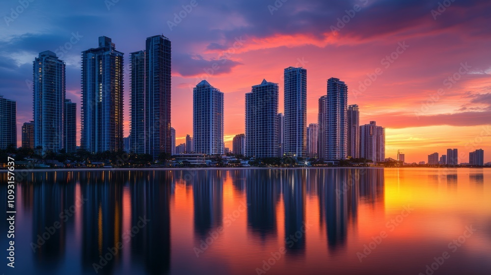 Obraz premium Sunset illuminates modern skyscrapers urban cityscape photography reflective waters panoramic view architectural beauty
