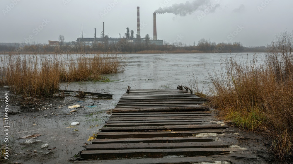 Obraz premium Pollution Impact on River and Air Quality