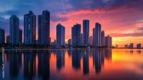 Sunset illuminates modern skyscrapers urban cityscape photography reflective waters panoramic view architectural beauty