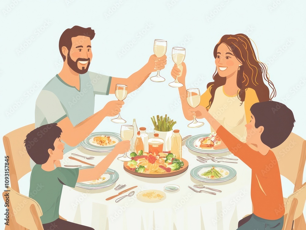 A family gathered around a dinner table, clinking glasses in celebration A family gathered around a dinner table, clinking glasses in celebration